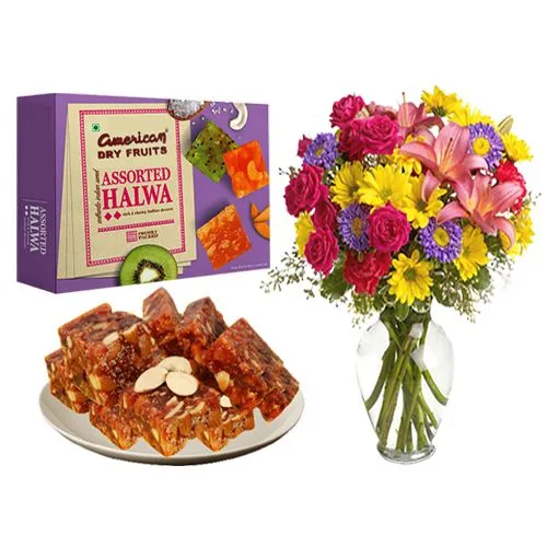 Sugarfree Dry Fruit Halwa from American Dry Fruits with Mixed Flower Arrangement