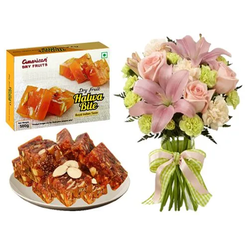 Sugarfree Dry Fruit Halwa from American Dry Fruits with Flowers Bouquet