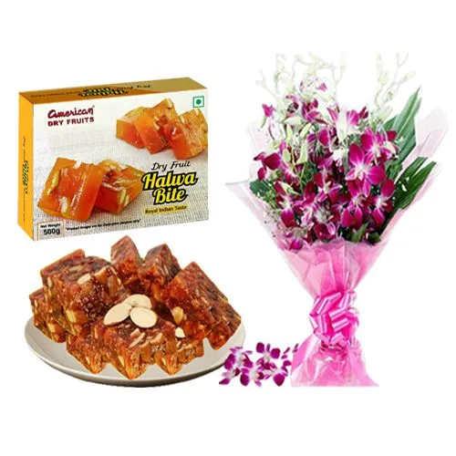 Sugarfree Dry Fruit Halwa from American Dry Fruits with Orchid Bouquet