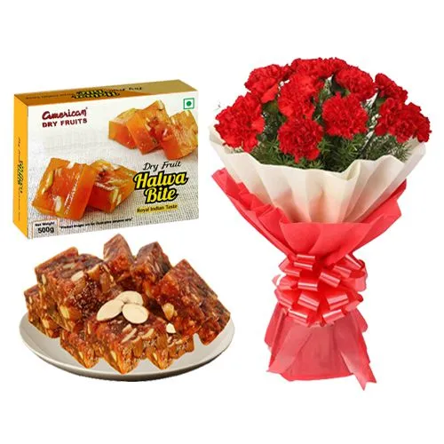 Sugarfree Dry Fruit Halwa from American Dry Fruits with Red Carnation Bouquet