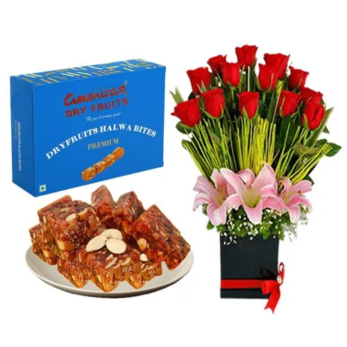 Sugarfree Dry Fruit Halwa from American Dry Fruits with Designer Flower Arrangement