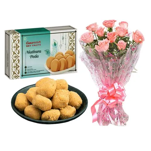 Mathura Peda from American Dry Fruits with Pink Rose Bouquet