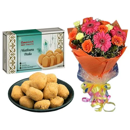 Mathura Peda from American Dry Fruits with Seasonal Flower Bouquet