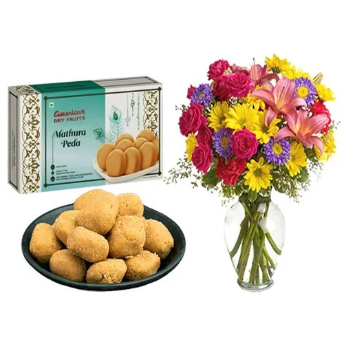 Mathura Peda American Dry Fruits with Mixed Flower Arrangement