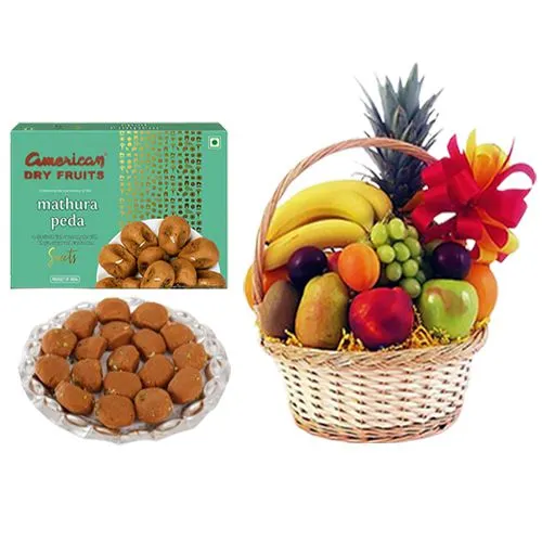 Mathura Peda from American Dry Fruits with Fresh Fruit Basket