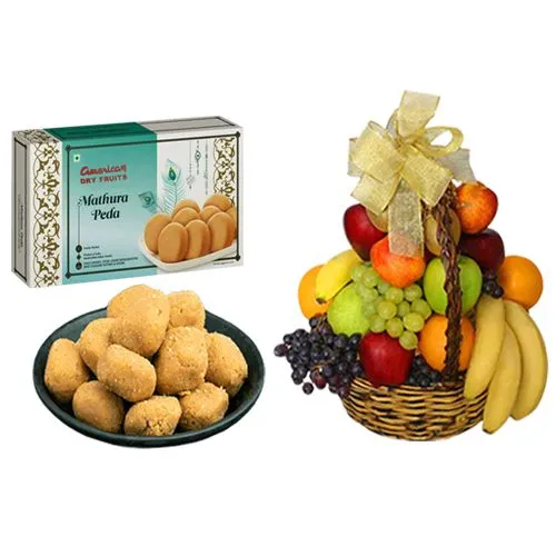 Mathura Peda from American Dry Fruits with Fresh Fruit Basket