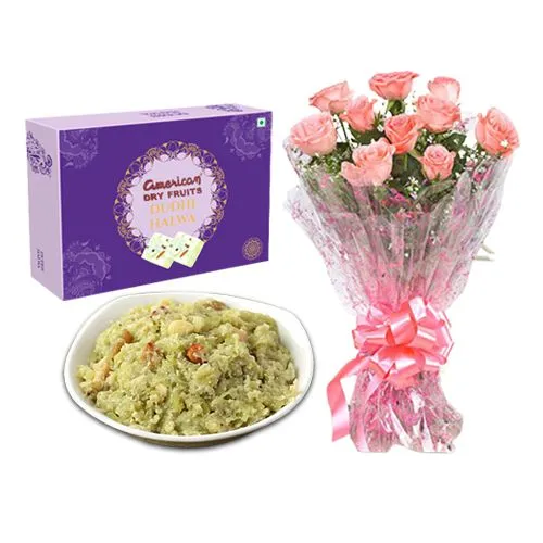 Dudhi Halwa from American Dry Fruits with Pink Rose Bouquet