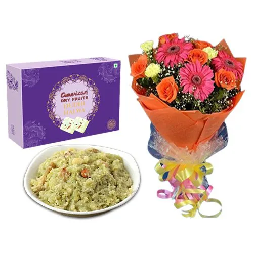 Dudhi Halwa from American Dry Fruits with Seasonal Flower Bouquet