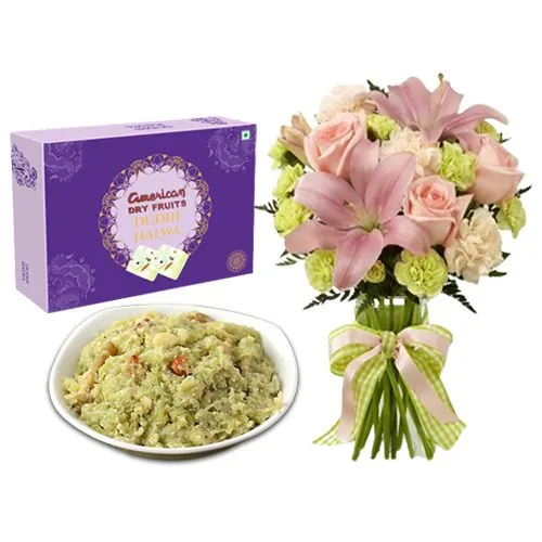 Dudhi Halwa from American Dry Fruits with Flowers Bouquet