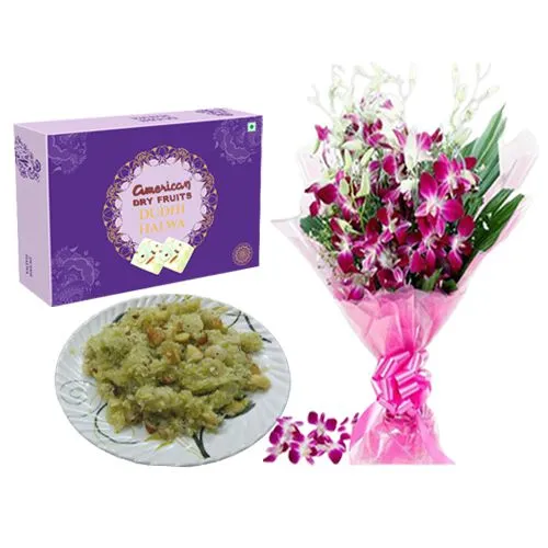 Dudhi Halwa from American Dry Fruits with Orchid Bouquet