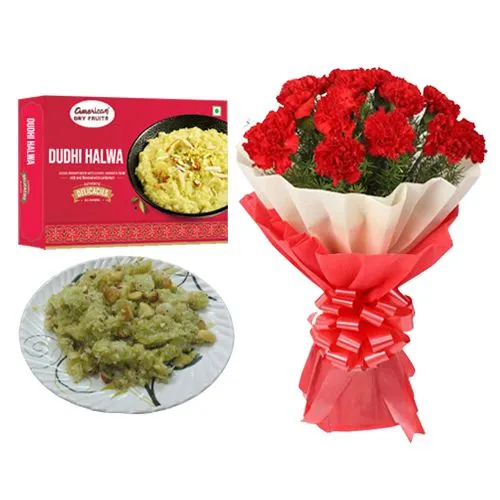 Dudhi Halwa from American Dry Fruits with Red Carnation Bouquet