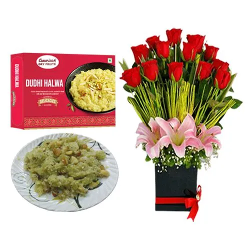 Dudhi Halwa from American Dry Fruits with Designer Flower Arrangement