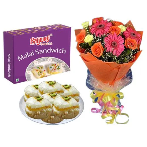Malai Sandwich from Brijwasi Sweets with Seasonal Flower Bouquet