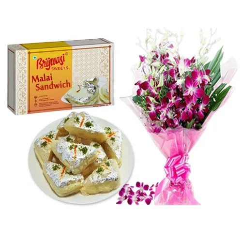 Malai Sandwich from Brijwasi Sweets with Orchid Bouquet