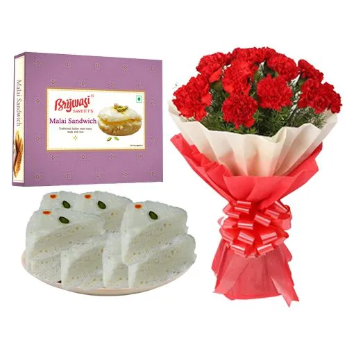 Malai Sandwich from Brijwasi Sweets with Red Carnation Bouquet