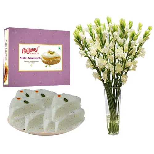 Malai Sandwich from Brijwasi Sweets with Rajnigandha Stems