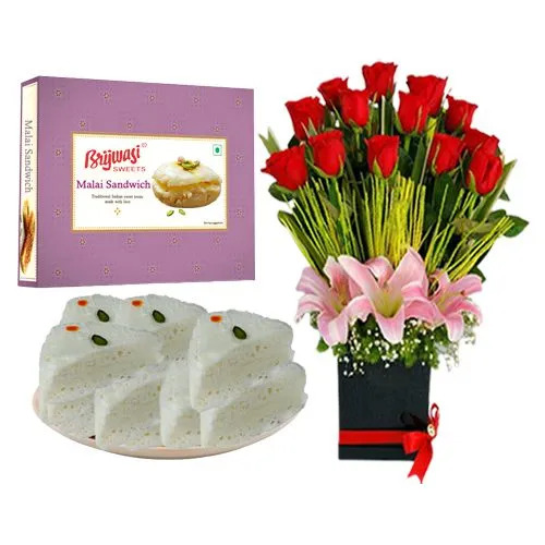 Malai Sandwich from Brijwasi Sweets with Designer Flower Arrangement