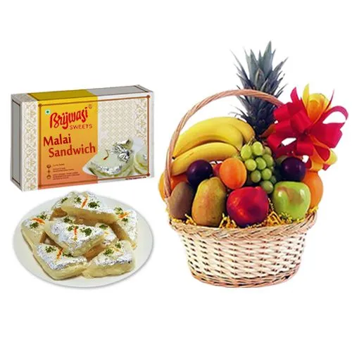 Malai Sandwich from Brijwasi Sweets with Fresh Fruit Basket
