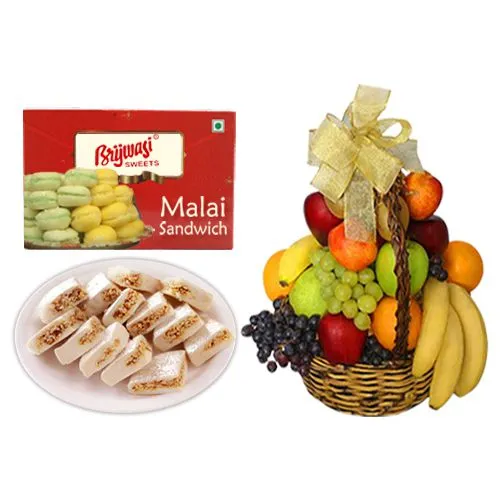 Malai Sandwich Brijwasi Sweets with Fresh Fruit Basket