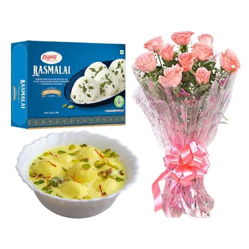 Rasmalai Medium from Brijwasi Sweets with Pink Rose Bouquet