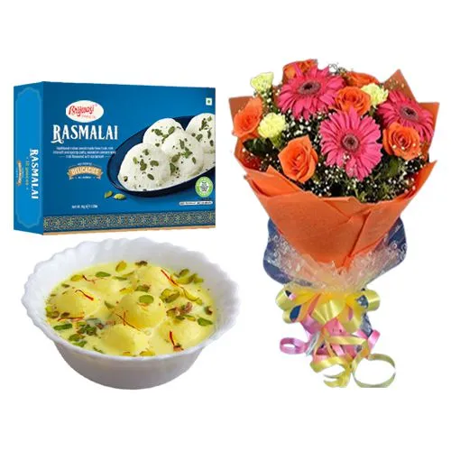 Rasmalai Medium from Brijwasi Sweets with Seasonal Flower Bouquet