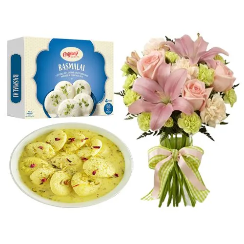 Rasmalai Medium from Brijwasi Sweets with Flowers Bouquet