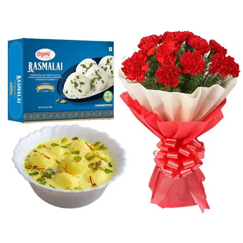 Rasmalai Medium from Brijwasi Sweets with Red Carnation Bouquet