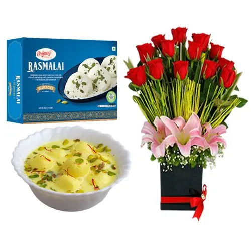 Rasmalai Medium from Brijwasi Sweets with Designer Flower Arrangement