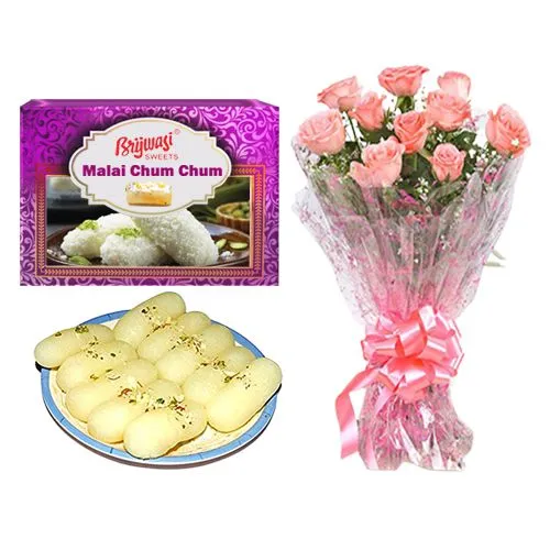 Malai Chum Chum from Brijwasi Sweets with Pink Rose Bouquet
