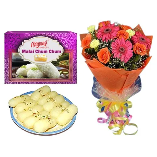 Malai Chum Chum from Brijwasi Sweets with Seasonal Flower Bouquet