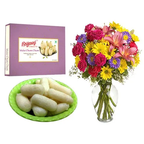 Malai Chum Chum from Brijwasi Sweets with Mixed Flower Arrangement
