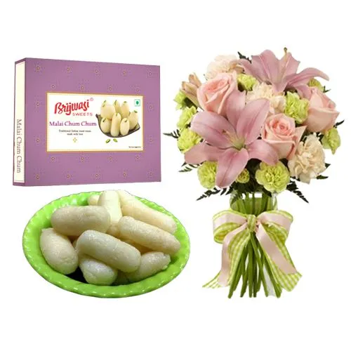 Malai Chum Chum from Brijwasi Sweets with Flowers Bouquet