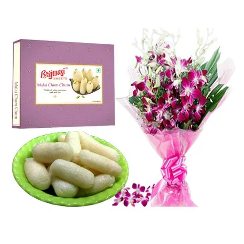 Malai Chum Chum from Brijwasi Sweets with Orchid Bouquet