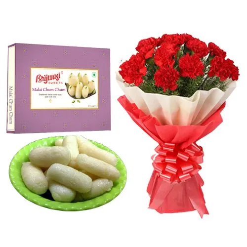 Malai Chum Chum from Brijwasi Sweets with Red Carnation Bouquet