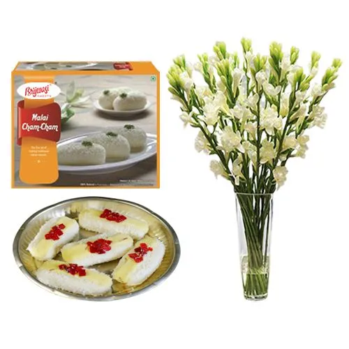 Malai Chum Chum from Brijwasi Sweets with Rajnigandha Stems