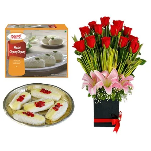 Malai Chum Chum from Brijwasi Sweets with Designer Flower Arrangement