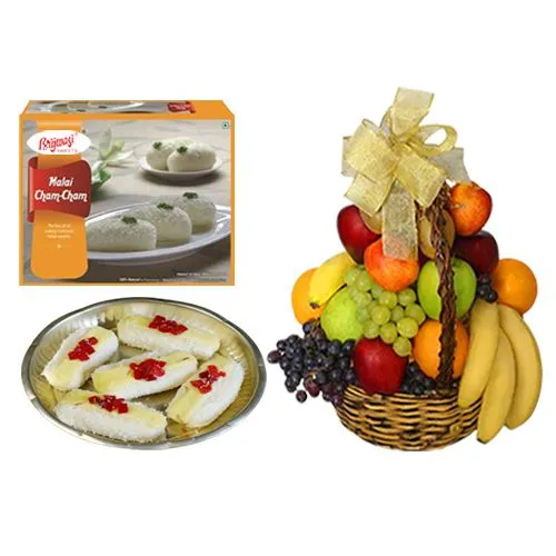 Malai Chum Chum from Brijwasi Sweets with Fresh Fruit Basket