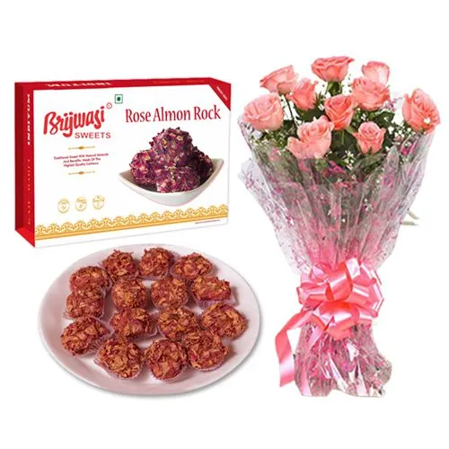 Rose Almon Rock from Brijwasi Sweets with Pink Rose Bouquet