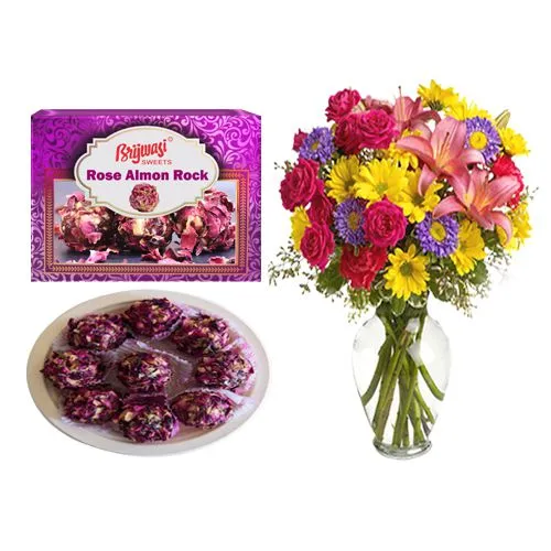 Rose Almon Rock from Brijwasi Sweets with Mixed Flower Arrangement