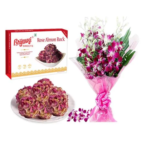 Rose Almon Rock from Brijwasi Sweets with Orchid Bouquet