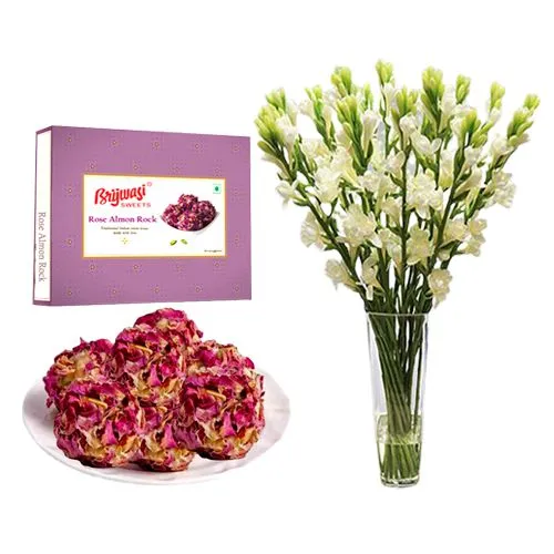 Rose Almon Rock from Brijwasi Sweets with Rajnigandha Stems
