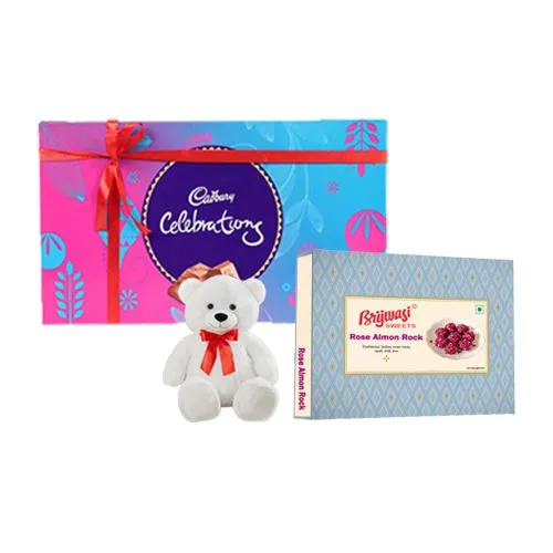 Rose Almon Rock from Brijwasi Sweets with Teddy N Cadbury Celebration