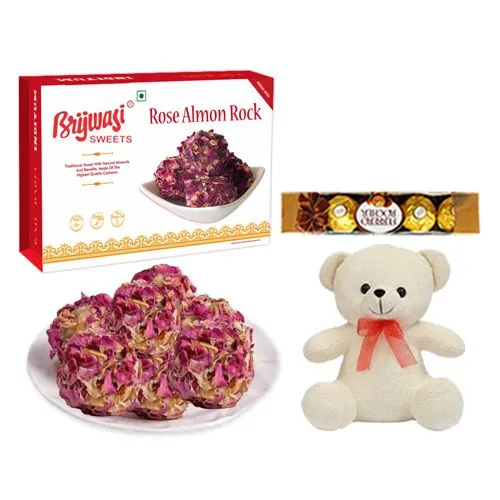 Rose Almon Rock from Brijwasi Sweets with Teddy N Ferrero Rocher
