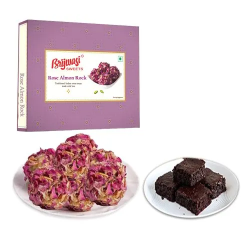 Sumptuous Rose Almon Rock from Brijwasi Sweets with Brownies
