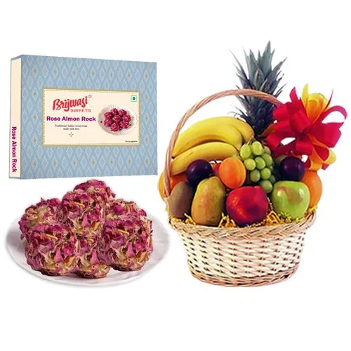 Rose Almon Rock from Brijwasi Sweets with Fresh Fruit Basket