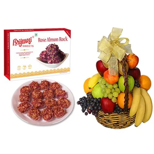 Rose Almon Rock from Brijwasi Sweets with Fresh Fruit Basket