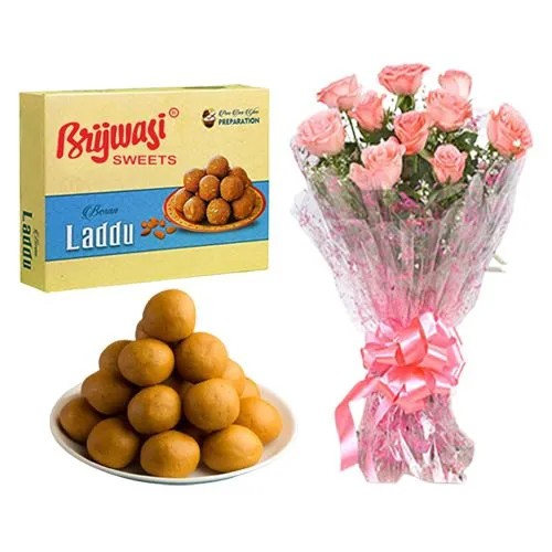 Besan Laddu from Brijwasi Sweets with Pink Rose Bouquet