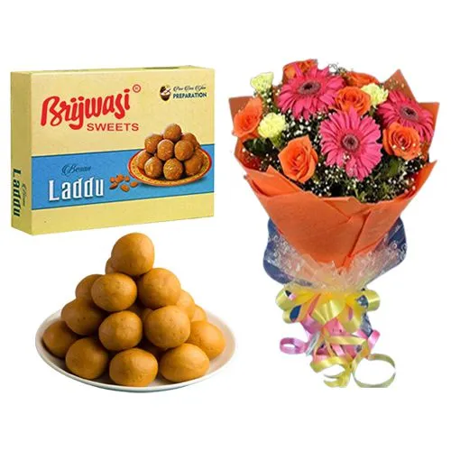 Besan Laddu from Brijwasi Sweets with Seasonal Flower Bouquet