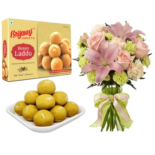 Besan Laddu Brijwasi Sweets with Flowers Bouquet