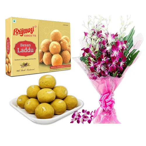 Besan Laddu from Brijwasi Sweets with Orchid Bouquet